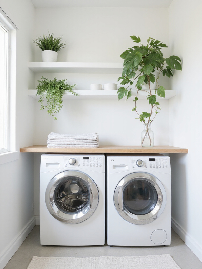 A clean, modern laundry room decorated with various green plants on shelves and countertops, adding life and color to the space.