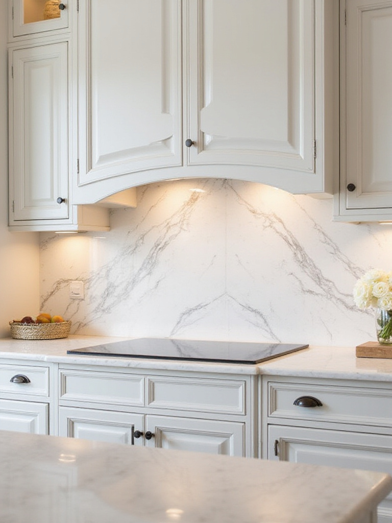 Luxurious kitchen with marble slab backsplash and white cabinets