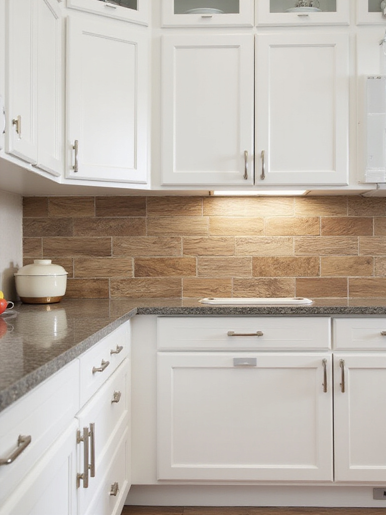 Kitchen with wood-look backsplash and white cabinets