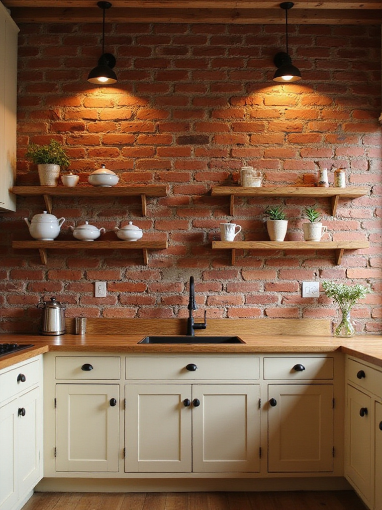 Rustic kitchen feature wall with red faux brick wallpaper and open wooden shelving displaying kitchenware.