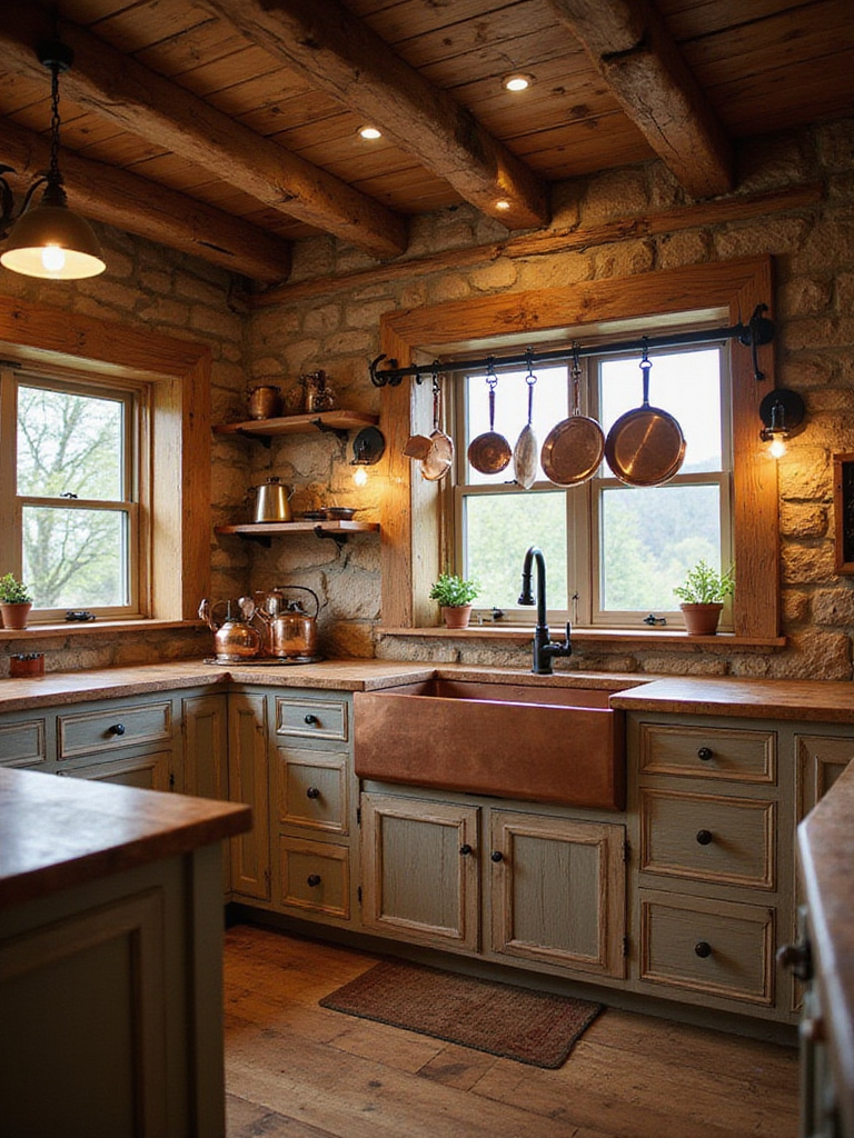 A charming rustic kitchen featuring warm wood beams, stone accents, and various shimmering copper elements, including a copper farmhouse sink, cabinet hardware, and hanging pots.