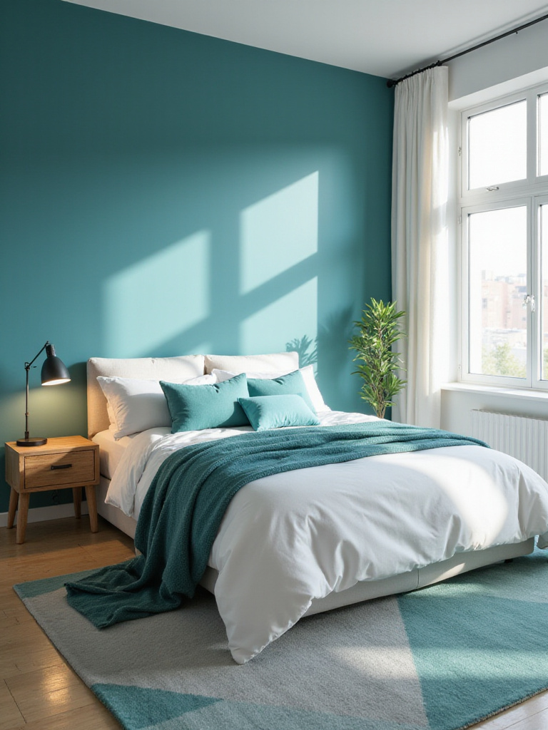 A serene bedroom featuring a deep teal accent wall, white bedding with turquoise and teal pillows, a natural wood nightstand, and soft lighting, creating a tranquil atmosphere.