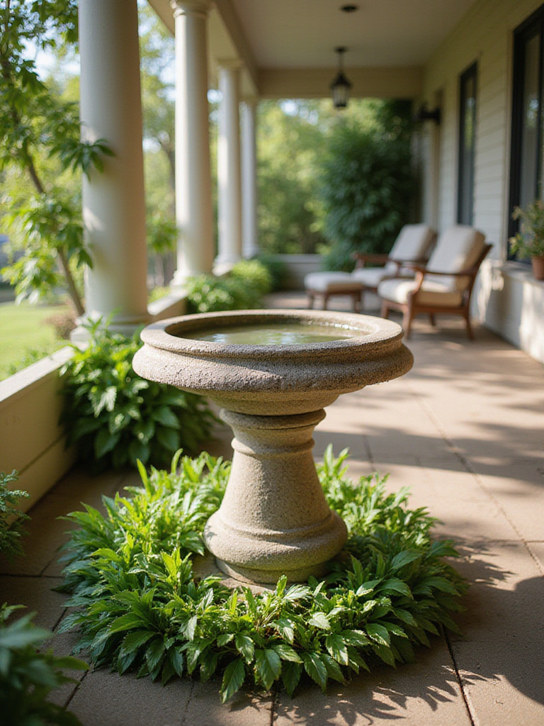 Charming front porch with a weathered stone bird bath surrounded by lush greenery.