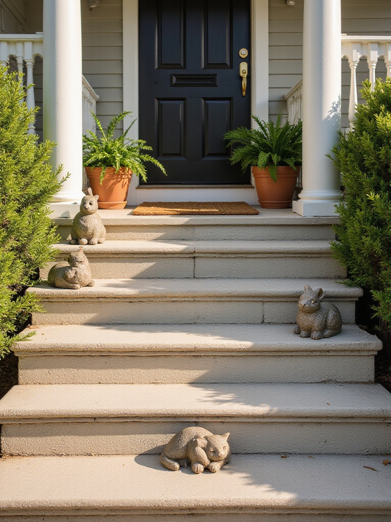 Front door with small concrete animal figurines placed on the porch steps, enhancing curb appeal with plants and decor.