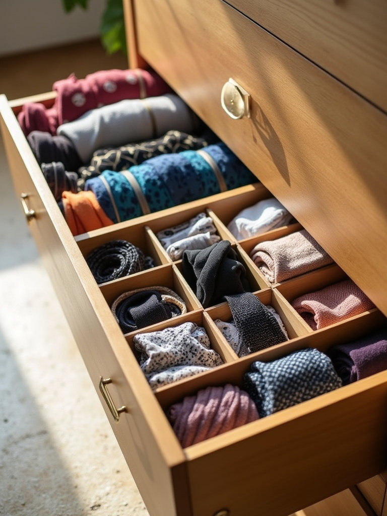 Open wooden dresser drawer organized with various types of drawer dividers neatly separating socks, underwear, ties, belts, and scarves into distinct compartments.