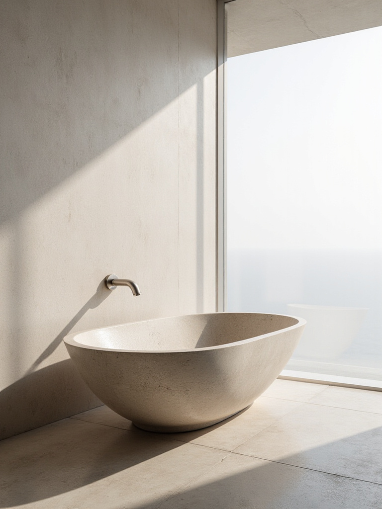 Minimalist bathroom featuring a high-quality stone soaking tub and brushed metal faucet.