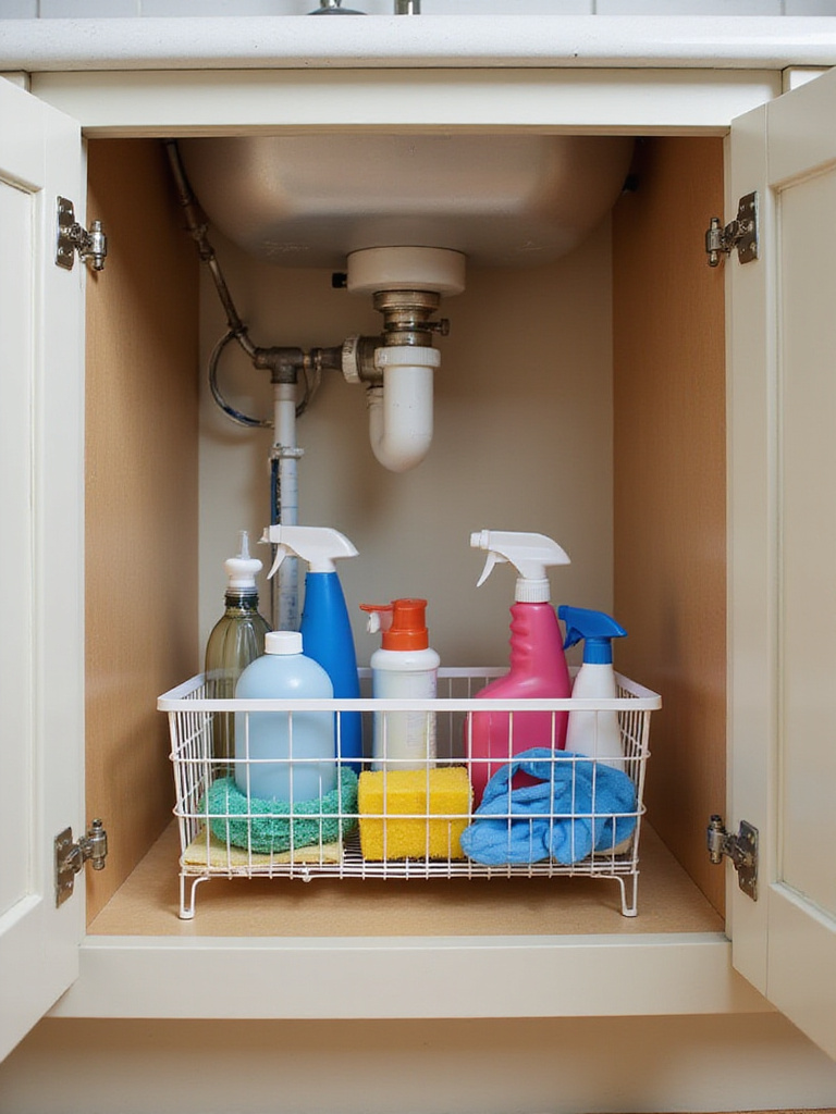 Organized under-sink kitchen cabinet with a caddy holding cleaning supplies.