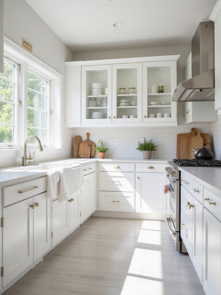 A clean and organized kitchen featuring sparkling, empty countertops, demonstrating effective storage solutions within cabinets and drawers that keep the surfaces clear.