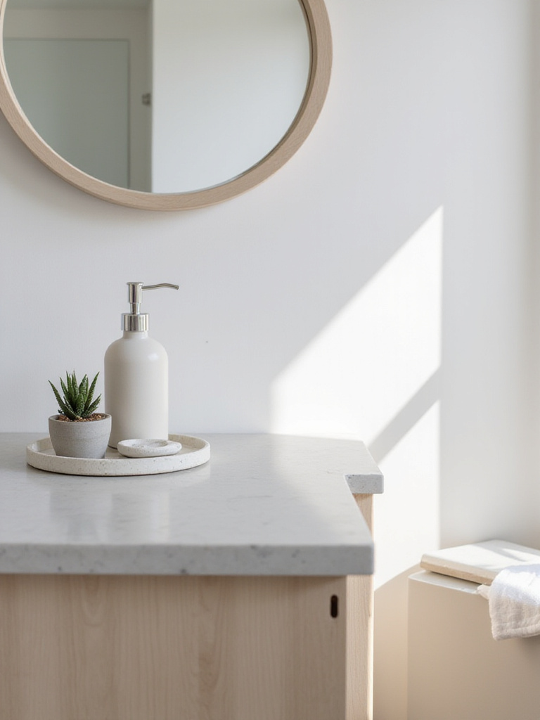 Minimalist bathroom countertop with a clear surface, featuring a small tray holding a soap dispenser and succulent.