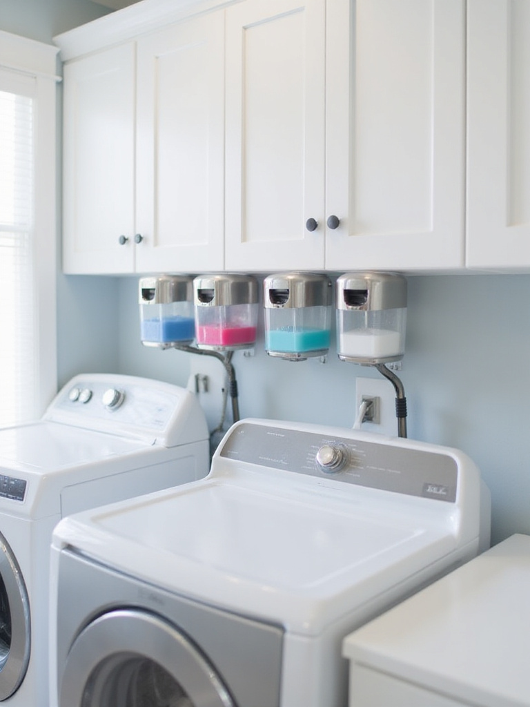 Wall-mounted detergent dispensers above a washing machine and dryer in a modern laundry room.