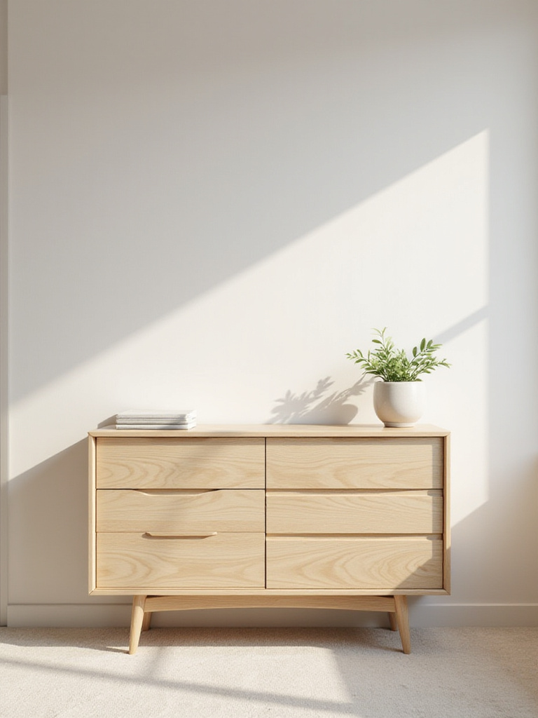 A minimalist bedroom dresser with a clear top, featuring only a small potted plant and a book, creating a sense of calm and order.