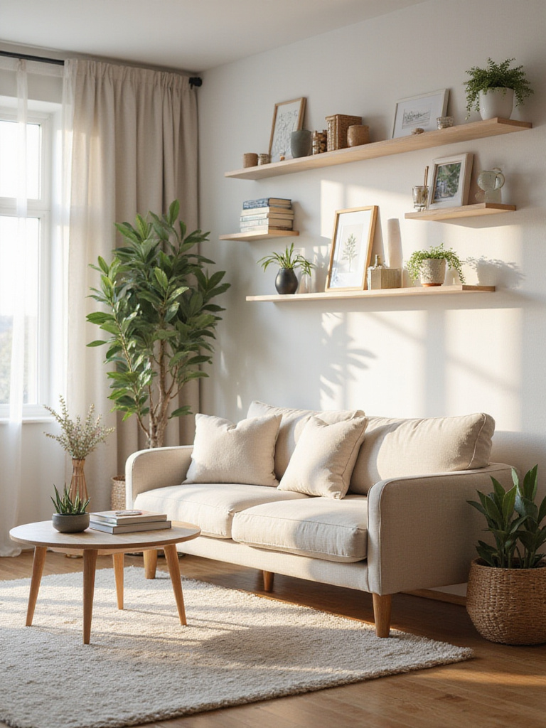 Organized living room with modern decor and natural lighting