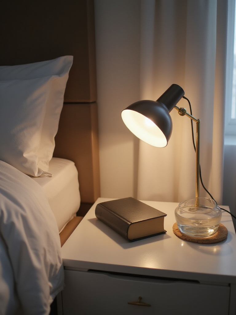 A minimalist nightstand surface next to a bed, showing a lamp, book, and glass of water, illustrating a clear and functional bedside setup in a calm bedroom.