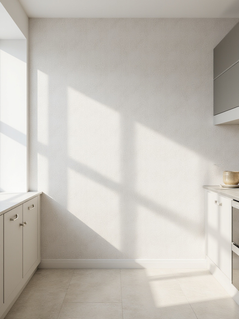 Kitchen wall covered in subtle, neutral patterned wallpaper in soft grey and white, adding understated texture to the space.