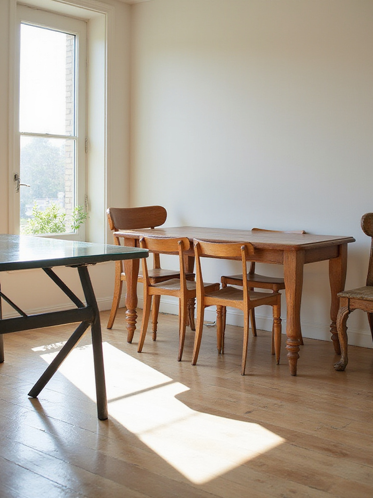 Three dining tables - modern glass, classic wood, vintage rustic - in a bright room, showing different buying options.