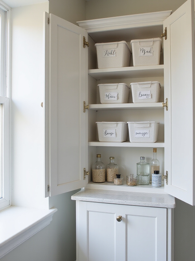 Organized bathroom cabinet with clearly labeled bins and shelves