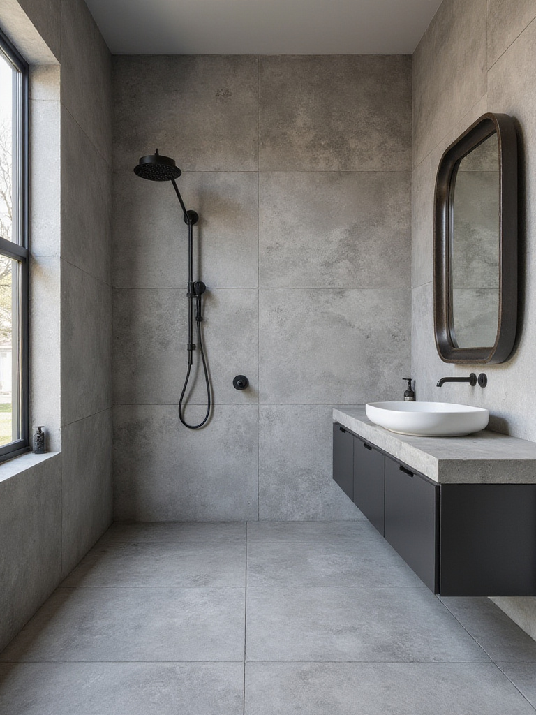 Spacious industrial bathroom with large format grey stone effect tiles on walls and floor, featuring black fixtures and a modern vanity.