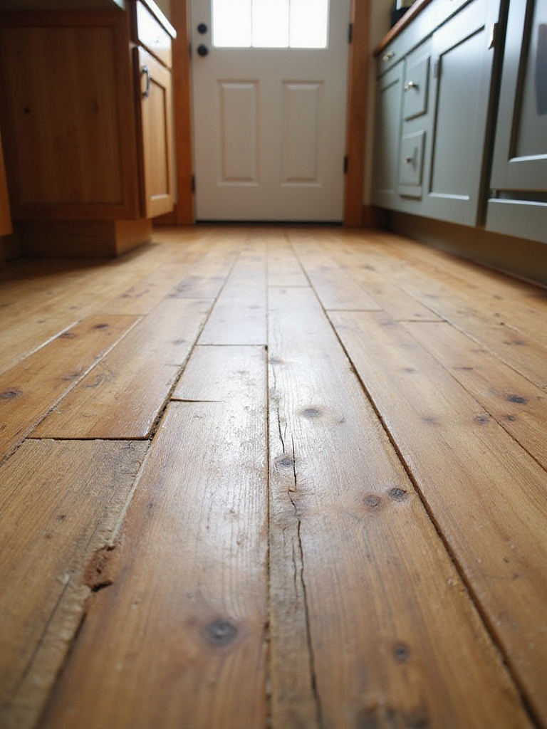 Wide plank wood flooring with a warm, aged finish in a charming rustic kitchen.
