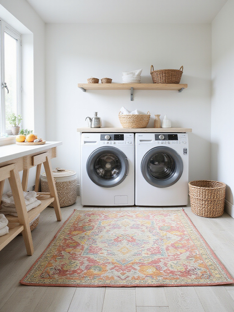 A stylish patterned rug on the floor in front of a washing machine and dryer in a clean, well-lit laundry room.