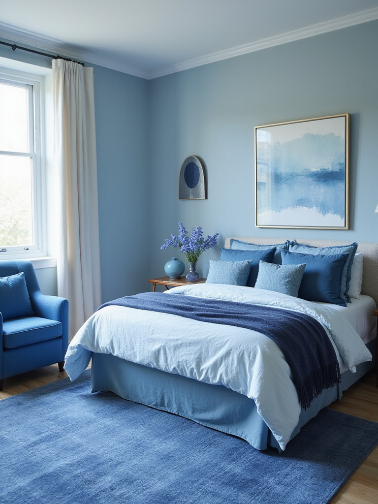 Bedroom decorated with a monochromatic blue palette, featuring layered shades of blue on walls, bedding, rug, and furniture for a serene feel.