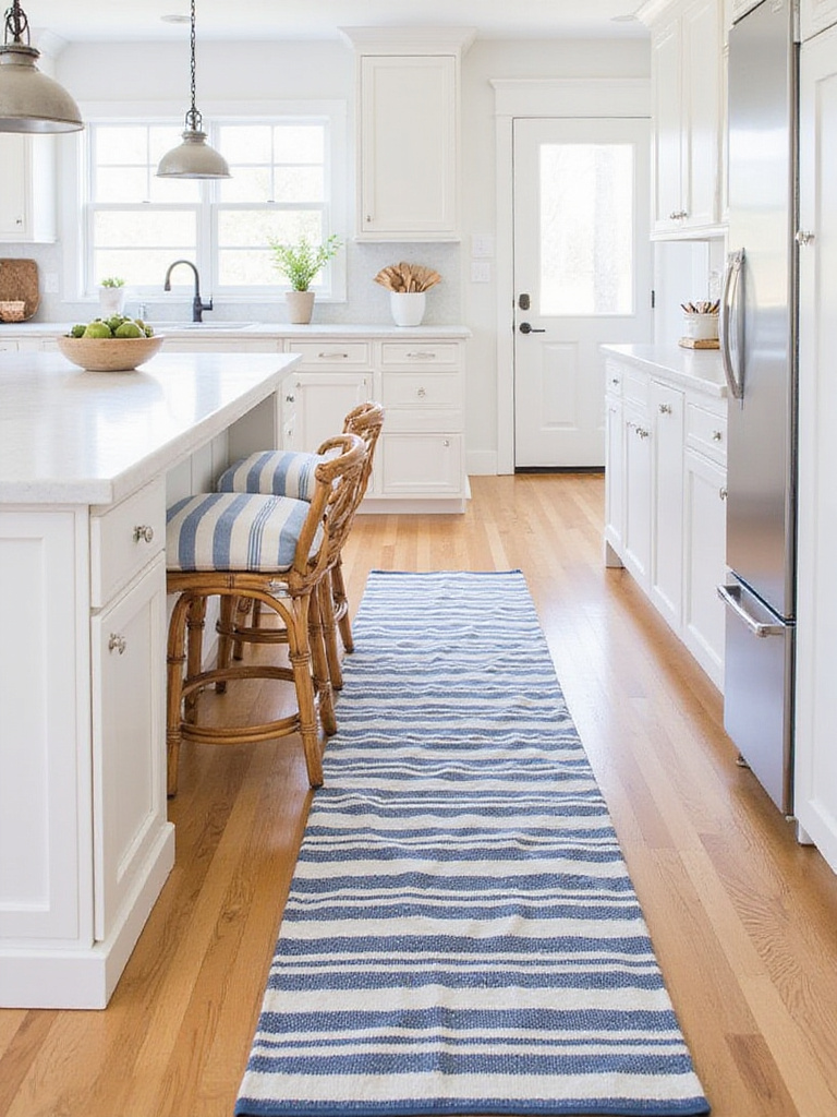Layered striped textiles, such as a navy and white runner rug and seat cushions, adding nautical charm, texture, and color to a coastal kitchen.