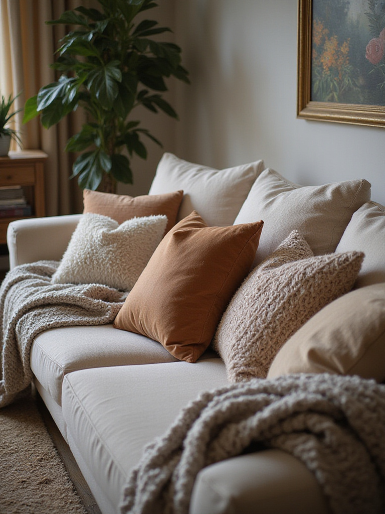 Cozy living room with layered textures from pillows and throws