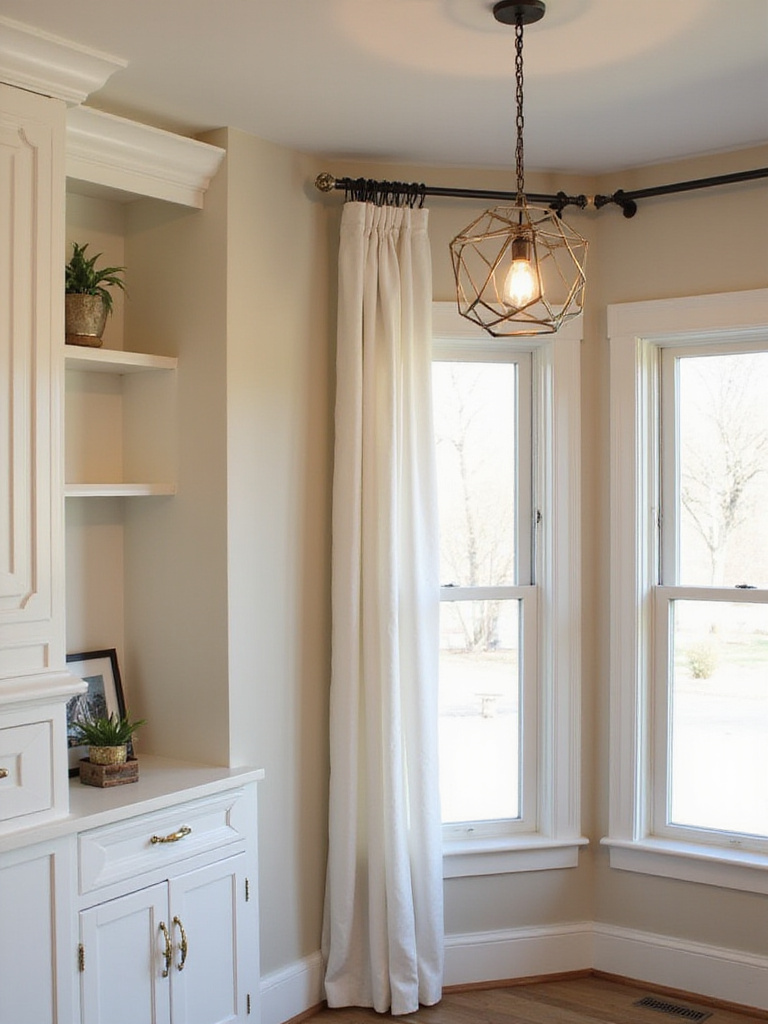 Living room scene showcasing upgraded decor details, including unique brass cabinet pulls on built-ins, a modern geometric pendant light fixture, and stylish metal curtain rods with decorative finials.