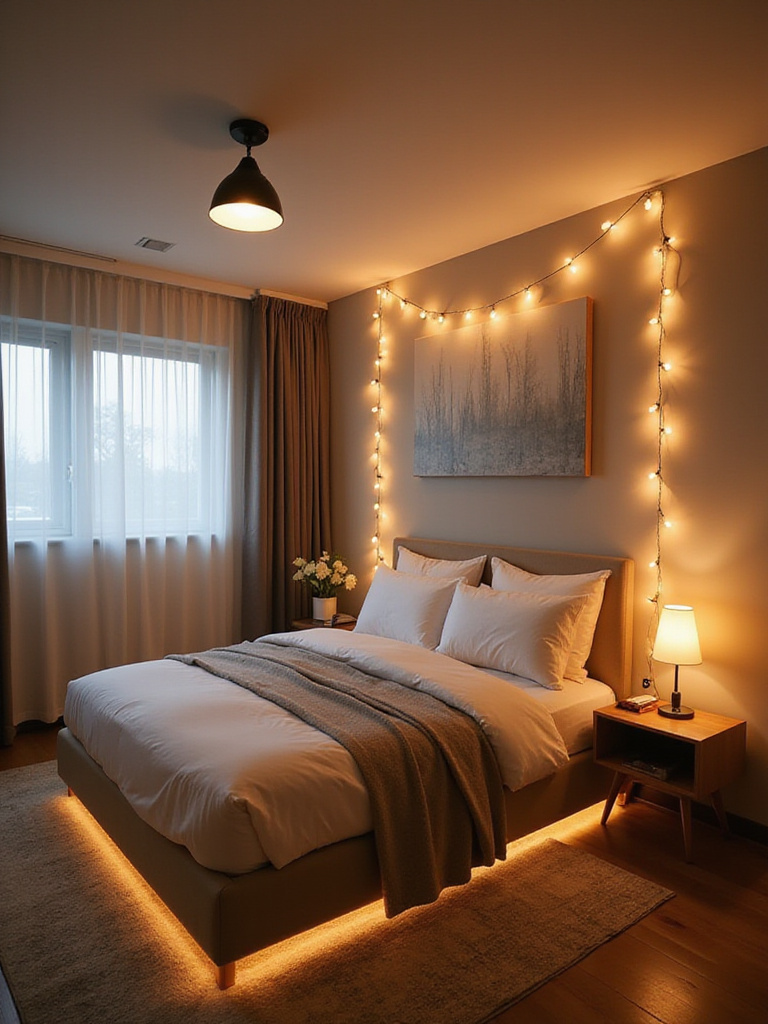 Small bedroom with layered lighting: ambient, task, and accent