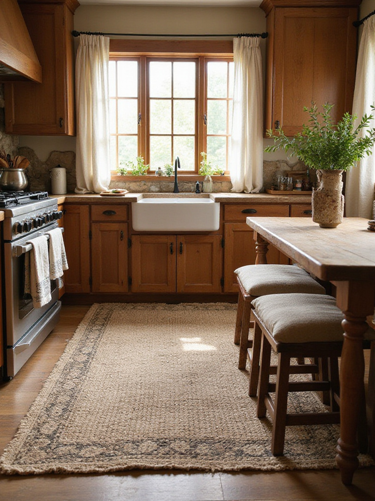 Cozy rustic kitchen interior showcasing layered jute and patterned rugs, soft linen curtains, and fabric seating cushions adding warmth and texture.