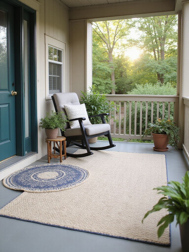 Front porch with layered outdoor rugs featuring a neutral base rug and a smaller patterned accent rug.