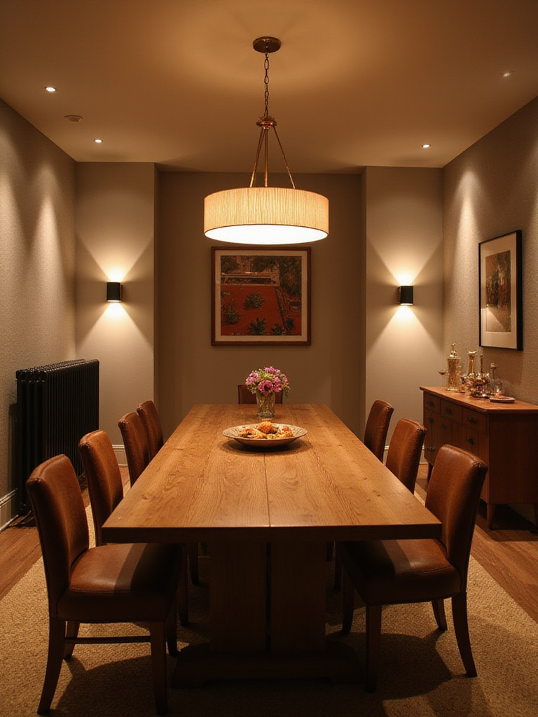 Elegant dining room showcasing layered lighting with a pendant over the table, wall sconces, and recessed lights.