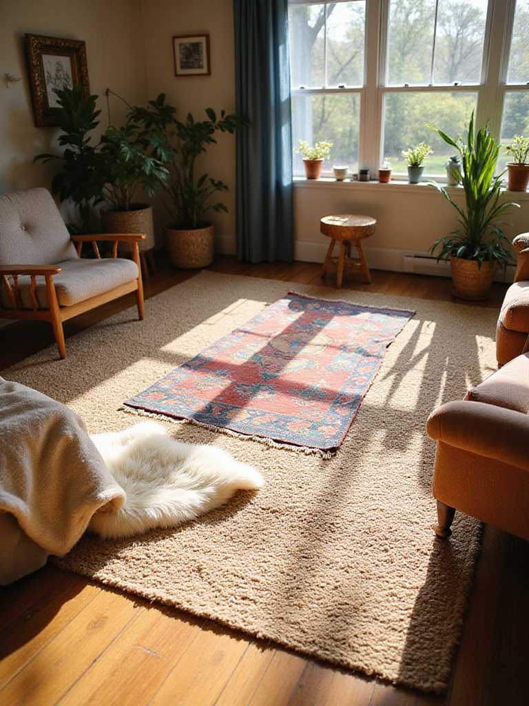 Boho living room featuring layered rugs for depth and texture, including a large jute base rug, a colorful patterned rug, and a soft sheepskin rug.