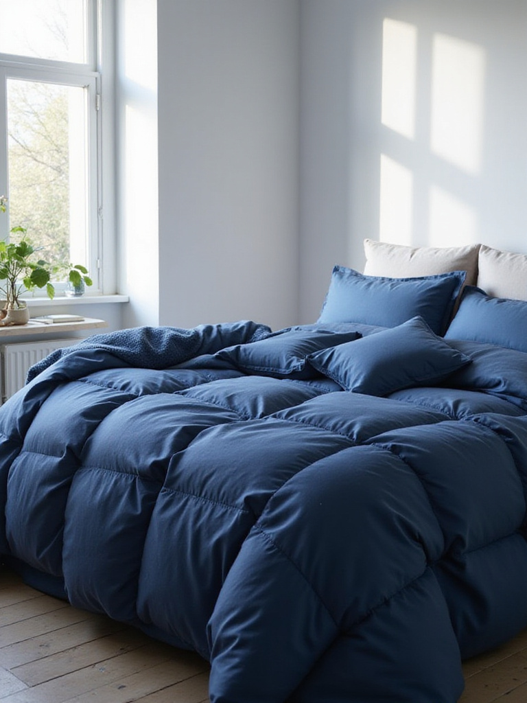 A bed dressed in layered blue bedding, serving as the focal point of a serene bedroom with neutral walls and minimalist decor.