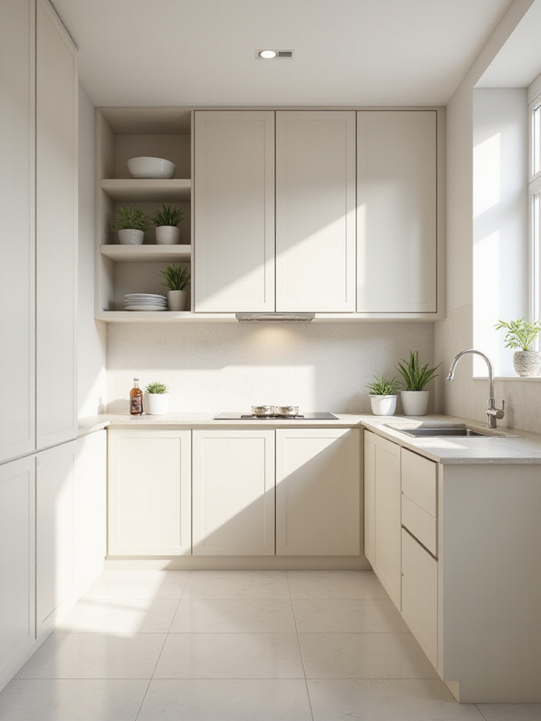 A small kitchen featuring floor-to-ceiling light-colored cabinets and high open shelving, demonstrating how to maximize vertical storage space.