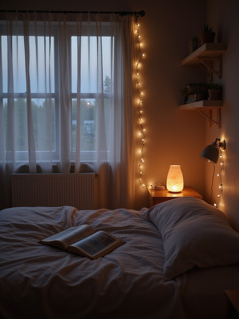 Bedroom with layered lighting, featuring string lights, bedside lamp, and salt lamp, creating a warm and inviting atmosphere.