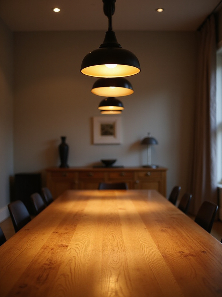 Three pendant lights hanging evenly spaced over a long wooden dining table in a modern dining room.