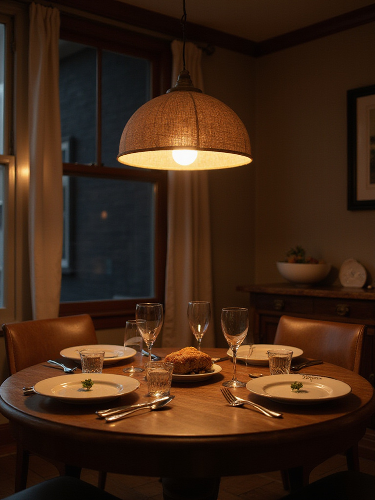 A round wooden dining table illuminated by a single pendant light hanging directly overhead, creating a warm glow on the tabletop in a dining room.