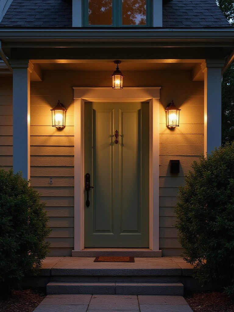Craftsman front door decoration with warm sage green door flanked by lit bronze decorative lanterns at dusk, enhancing curb appeal.
