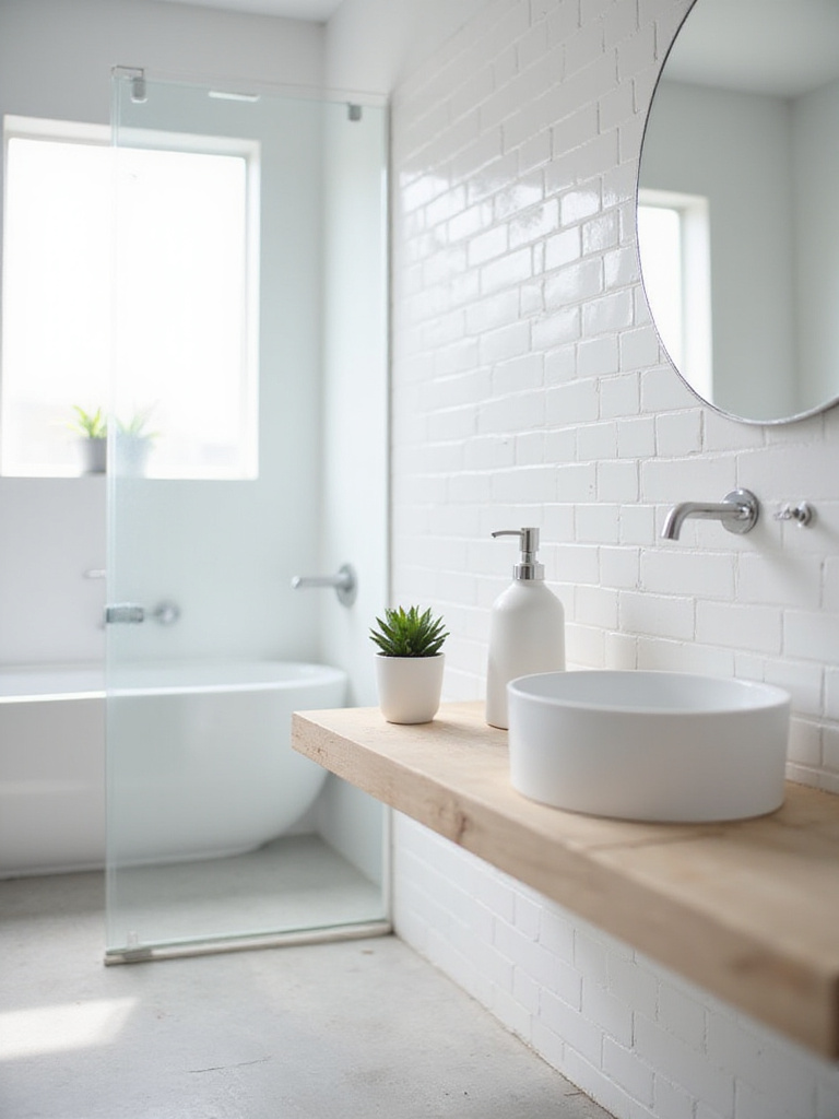 Minimalist bathroom with white tile, concrete floor, and a shelf with a succulent and soap dispenser