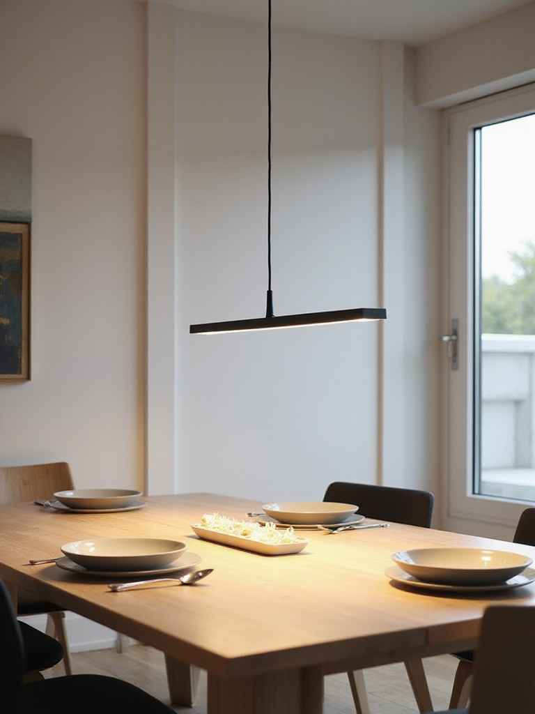 Sleek matte black linear pendant light fixture hanging over a modern light wood rectangular dining table in a contemporary dining room.
