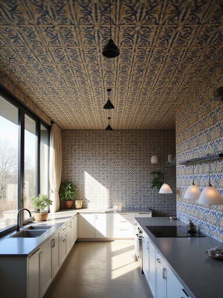 A modern kitchen interior featuring a bold navy and gold geometric pattern wallpaper covering the entire ceiling, creating a dramatic focal point above a kitchen island.