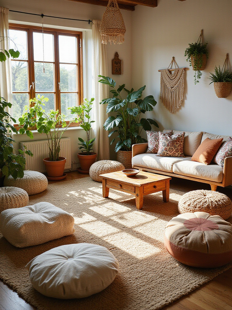 Boho living room with low-level seating, including floor cushions, poufs, and a low sofa, creating a relaxed and grounded atmosphere.