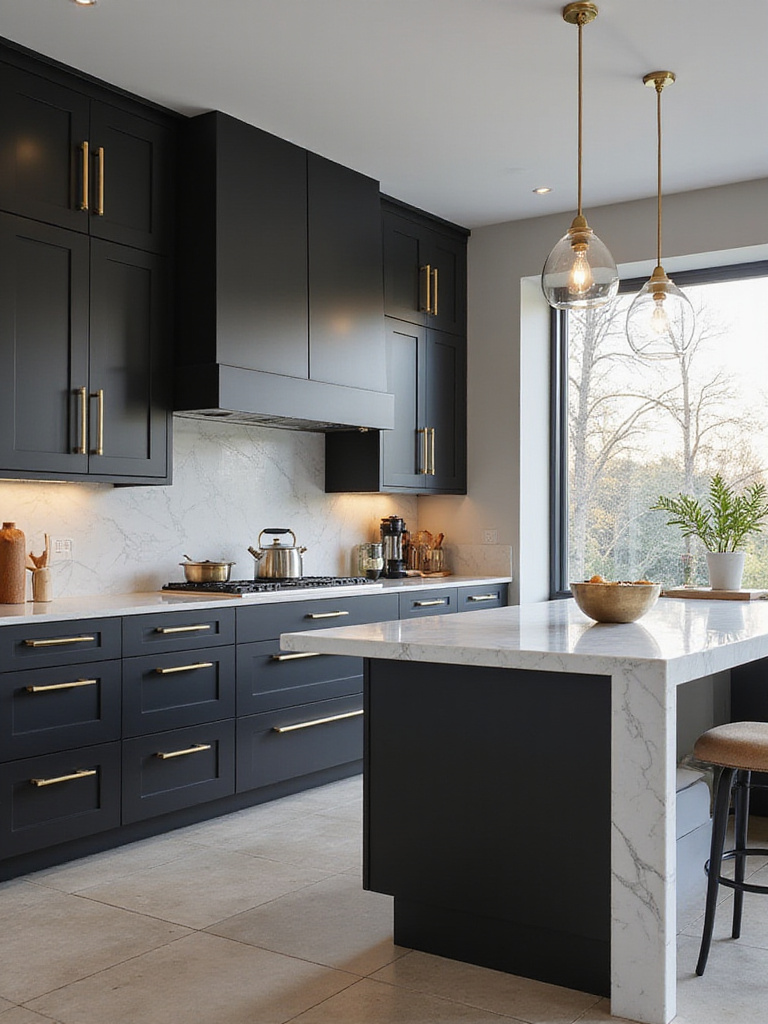 Luxurious black kitchen cabinets with brushed brass hardware and white marble island.