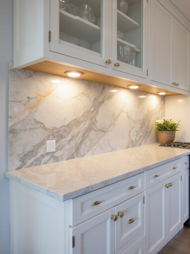 Luxurious kitchen with a full-height Calcutta Gold marble slab backsplash and white Shaker cabinets