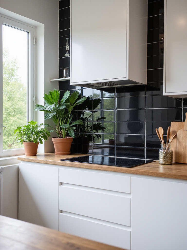 Modern kitchen featuring striking black backsplash and white cabinets