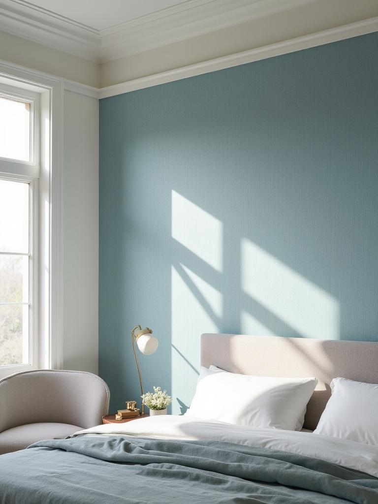 Bedroom with a statement wall of textured blue wallpaper behind the bed, creating a serene and visually interesting focal point.