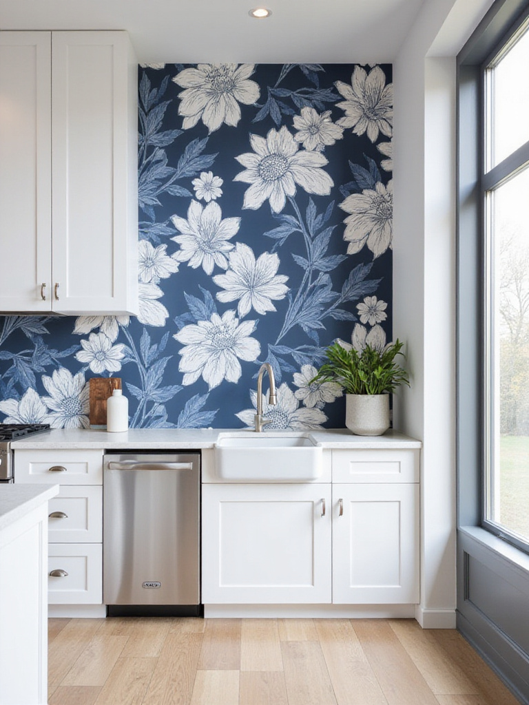 Modern kitchen with a navy blue and white large-scale floral wallpaper accent wall behind the sink and white countertops.