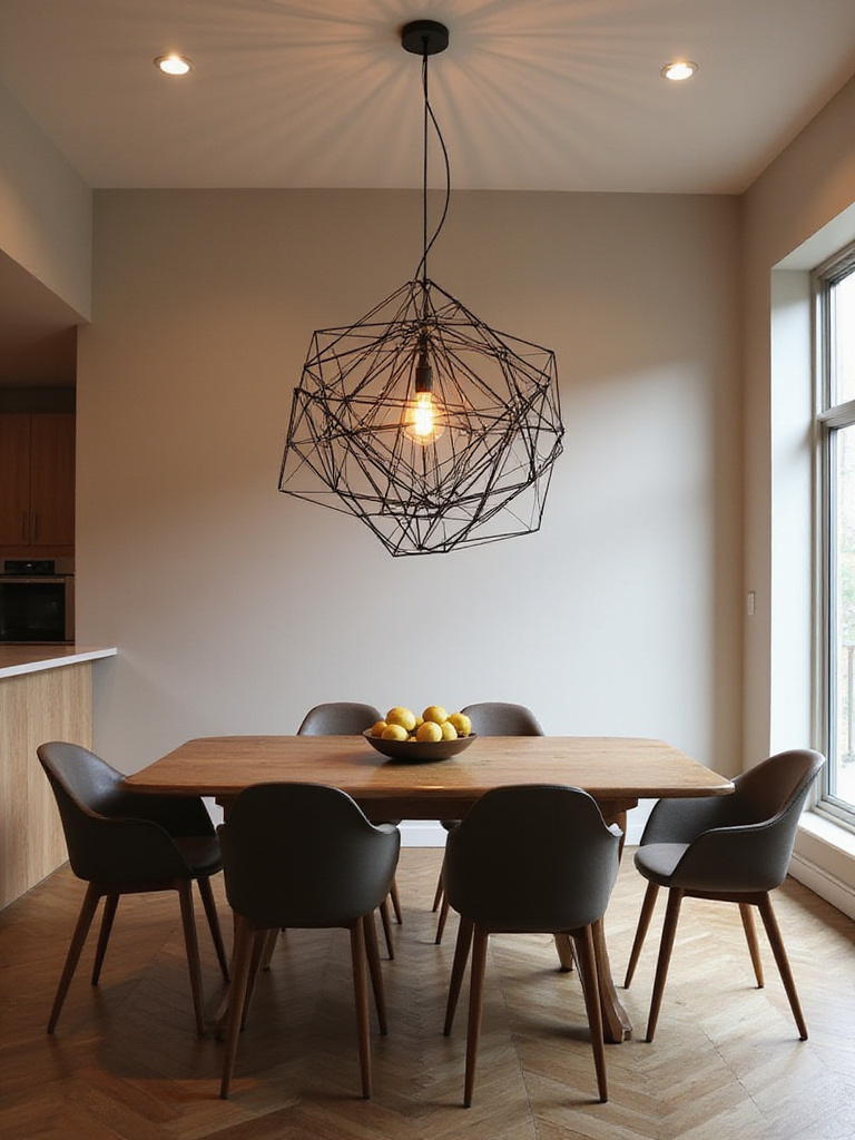 A modern dining room featuring a large, sculptural metal statement light fixture hanging prominently over a rectangular wooden dining table.