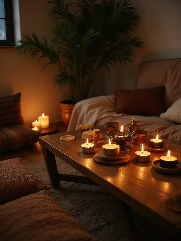 Cozy boho living room corner with multiple flickering candles and an incense burner, creating a warm and inviting atmosphere with soft light and layered textures.