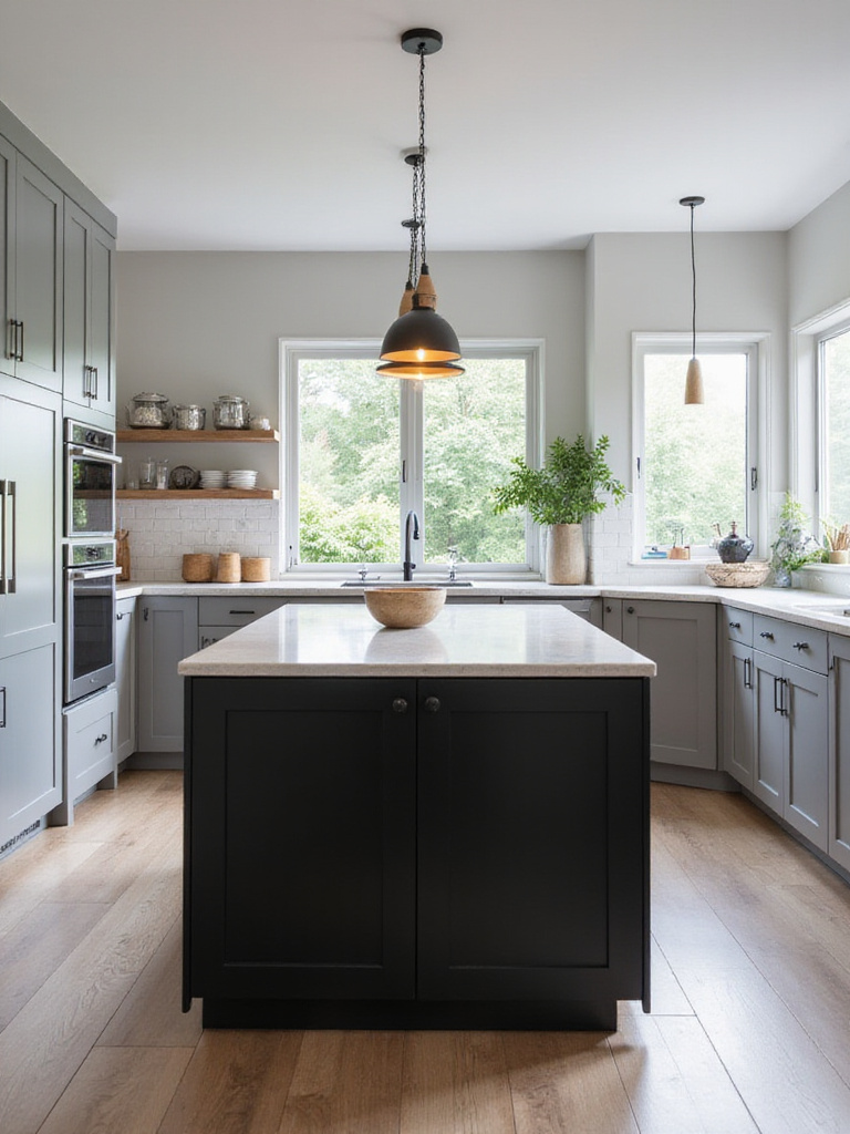 Modern kitchen featuring a large matte black island with a white quartz countertop as the central focal point, surrounded by light grey cabinetry and warm pendant lighting.